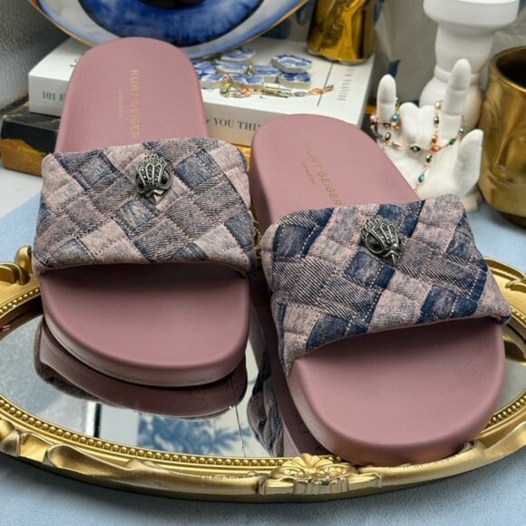 🆕 KURT GEIGER LONDON 🧿 NWOB Pink Bleach Denim Meena Eagle Slides, Sz 40 US9 - Picture 4 of 14